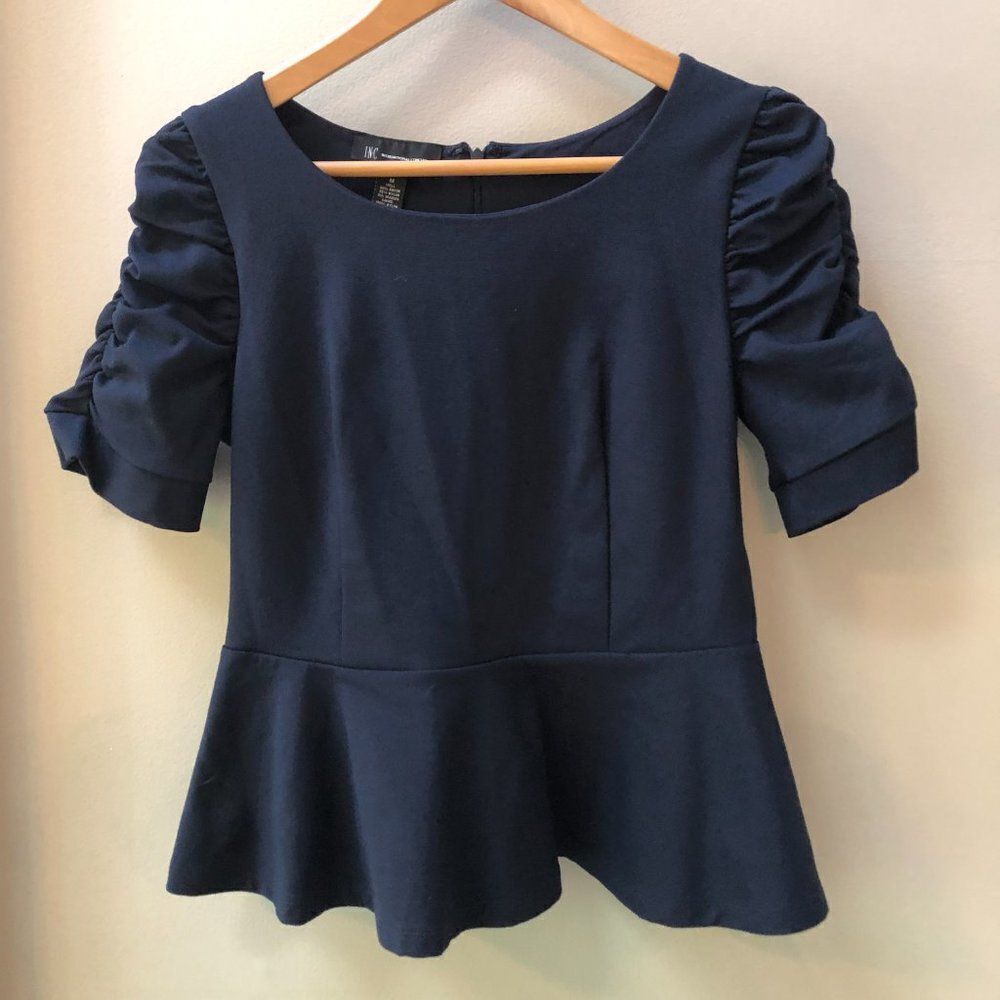 Inc International Concepts Navy Peplum Puff‎ sleeve Top size M